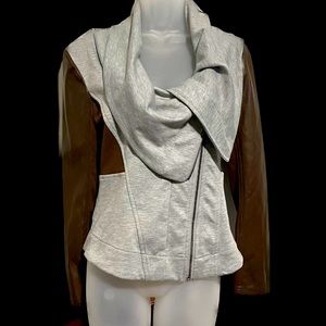 Light Gray w/ Brown Sleeves Asymmetrical Jacket, Cowl Neck, NWOT